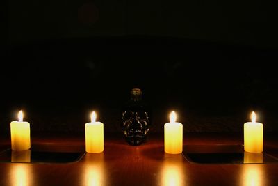 Close-up of lit candles in the dark room