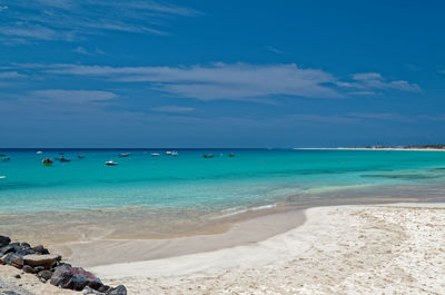 Scenic view of beach against blue sky