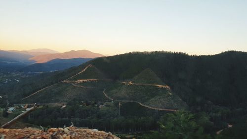 Scenic view of mountains against clear sky during sunset