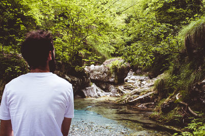 Rear view of man standing by stream in forest 