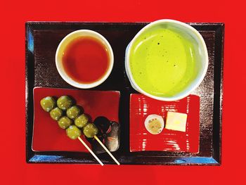 High angle view of tea served on table