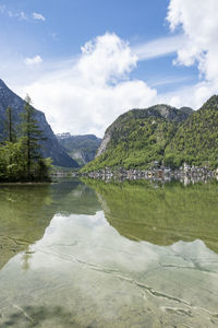 Scenic view of lake by mountains against sky