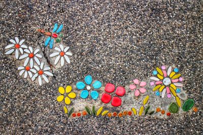 High angle view of multi colored flowers on pebbles