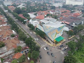 High angle view of buildings in city