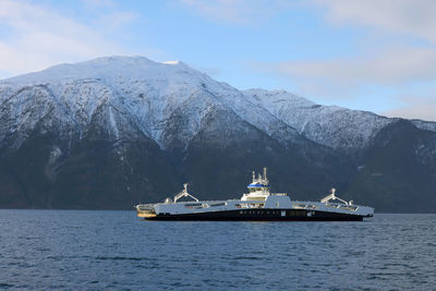 Scenic view of sea against snowcapped mountains