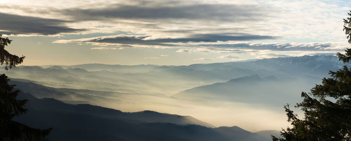 Scenic view of mountains against sky during sunset