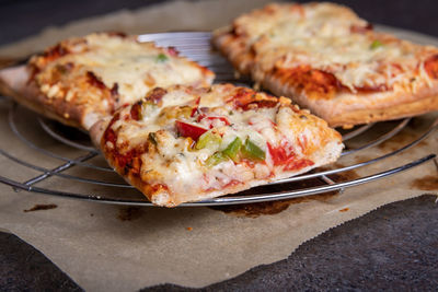 High angle view of pizza on table