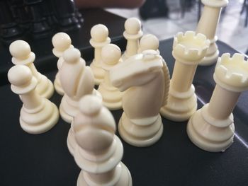 High angle view of chess pieces