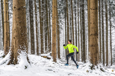 Man on snow covered land amidst trees in forest