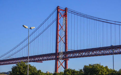 Low angle view of suspension bridge against clear blue sky