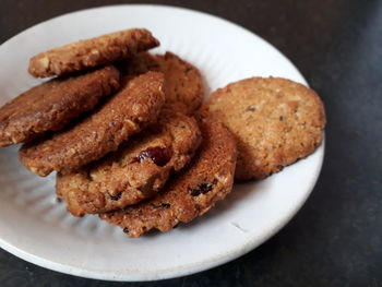 High angle view of breakfast in plate on table