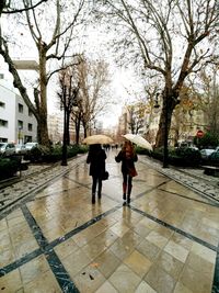 Rear view of woman walking on footpath