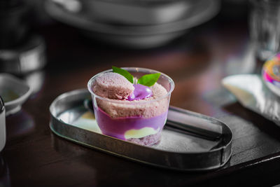 High angle view of ice cream in plate on table
