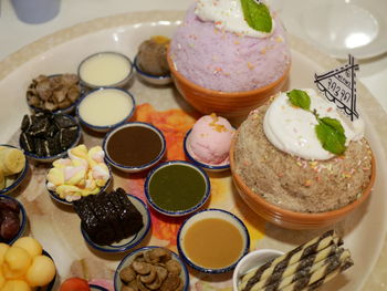 High angle view of food in plate on table