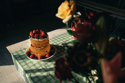 High angle view of cake on table