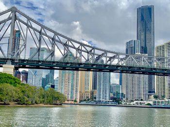 Bridge over river by buildings against sky