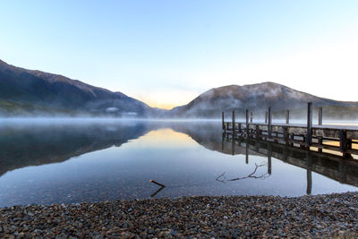 Scenic view of lake against clear sky during winter