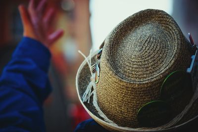 High angle view of person wearing hat