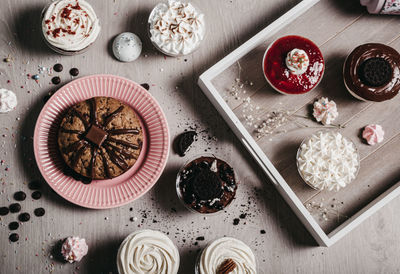 High angle view of cupcakes on table