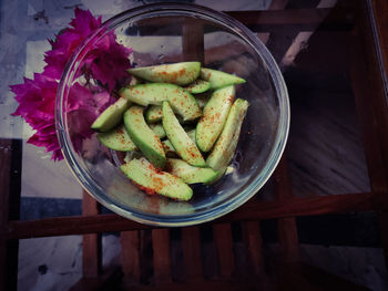 High angle view of fruits in bowl on table