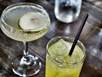 Close-up of drinks served on table