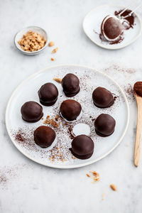 High angle view of chocolate cake on table