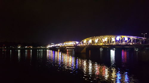 Illuminated bridge over river at night