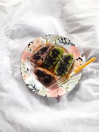 High angle view of food in plate on table