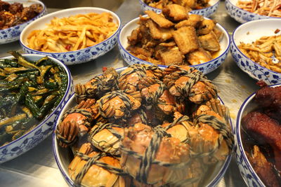 High angle view of food on table at market