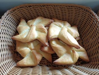 High angle view of food in wicker basket