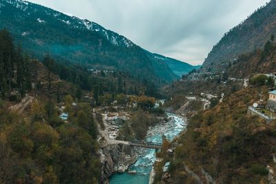 Scenic view of river amidst mountains against sky