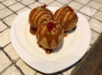 High angle view of dessert in plate on table