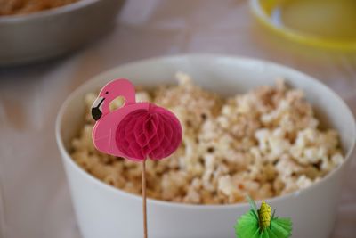 High angle view of dessert in bowl on table