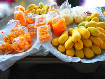 High angle view of fresh fruits for sale at market