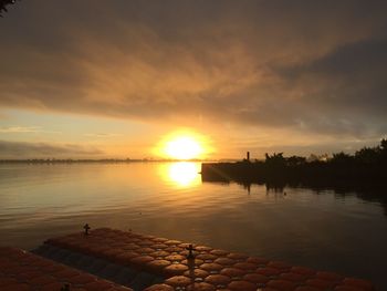 Scenic view of lake against cloudy sky during sunset