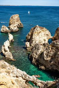 High angle view of rocks in sea