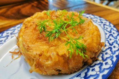 High angle view of bread in plate on table