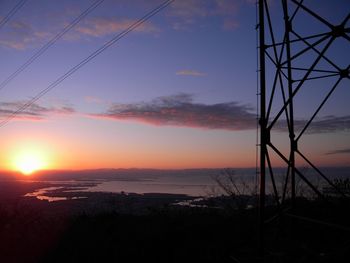 Silhouette electricity pylon on land against sky during sunset