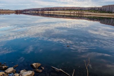 Scenic view of lake and mountains against sky