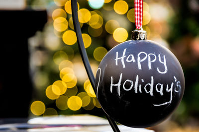 Close-up of christmas decoration hanging outdoors