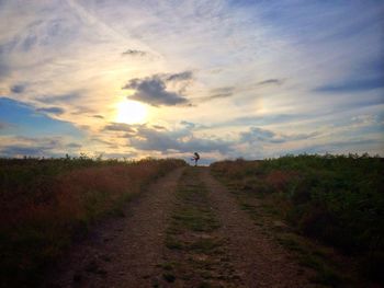 Rear view of person walking on field against sky