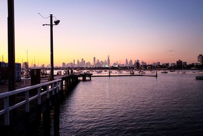 Scenic view of river by buildings against clear sky