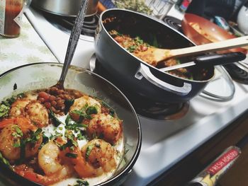 High angle view of meat in cooking pan