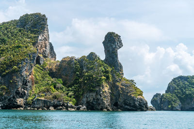 Panoramic view of rocks by sea against sky