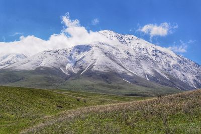 Scenic view of snowcapped mountains against sky