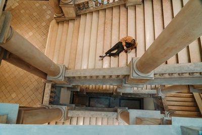Low angle view of bird on steps