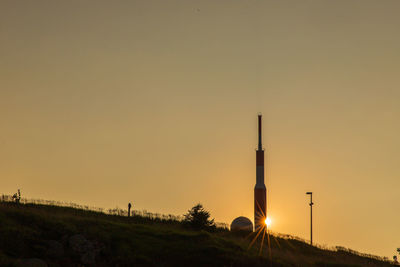 Silhouette of factory against sky during sunset