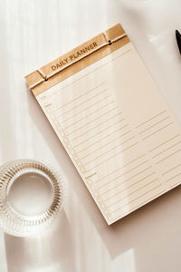 High angle view of open book on table