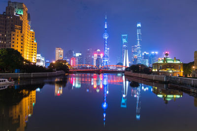 Reflection of illuminated buildings in water at night