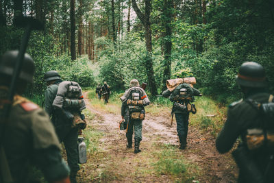 Rear view of people walking amidst trees in forest